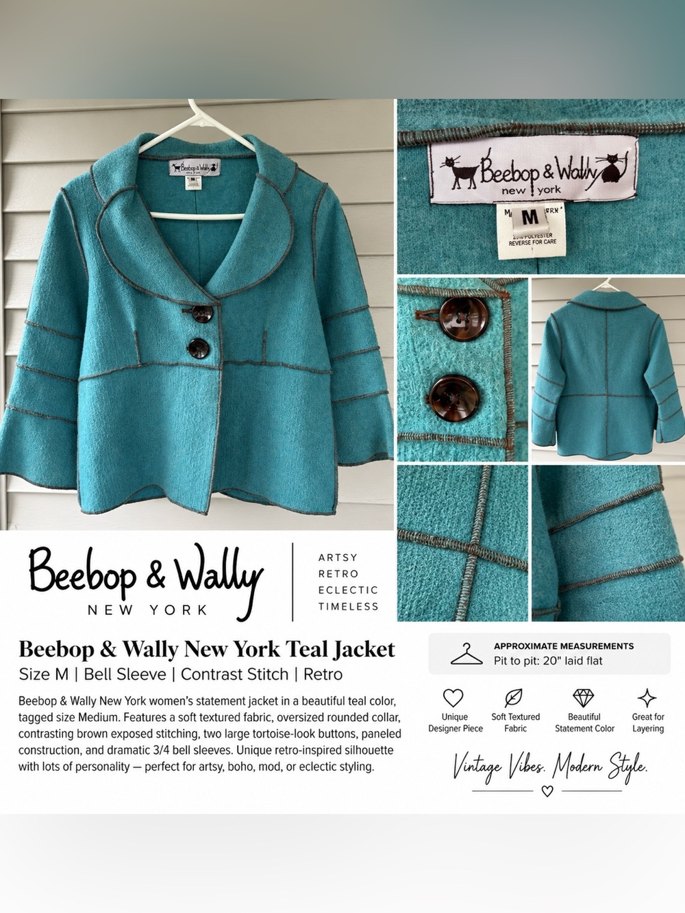 Beebop & Wally New York Teal Jacket Size M Bell Sleeve Contrast Stitch Retro